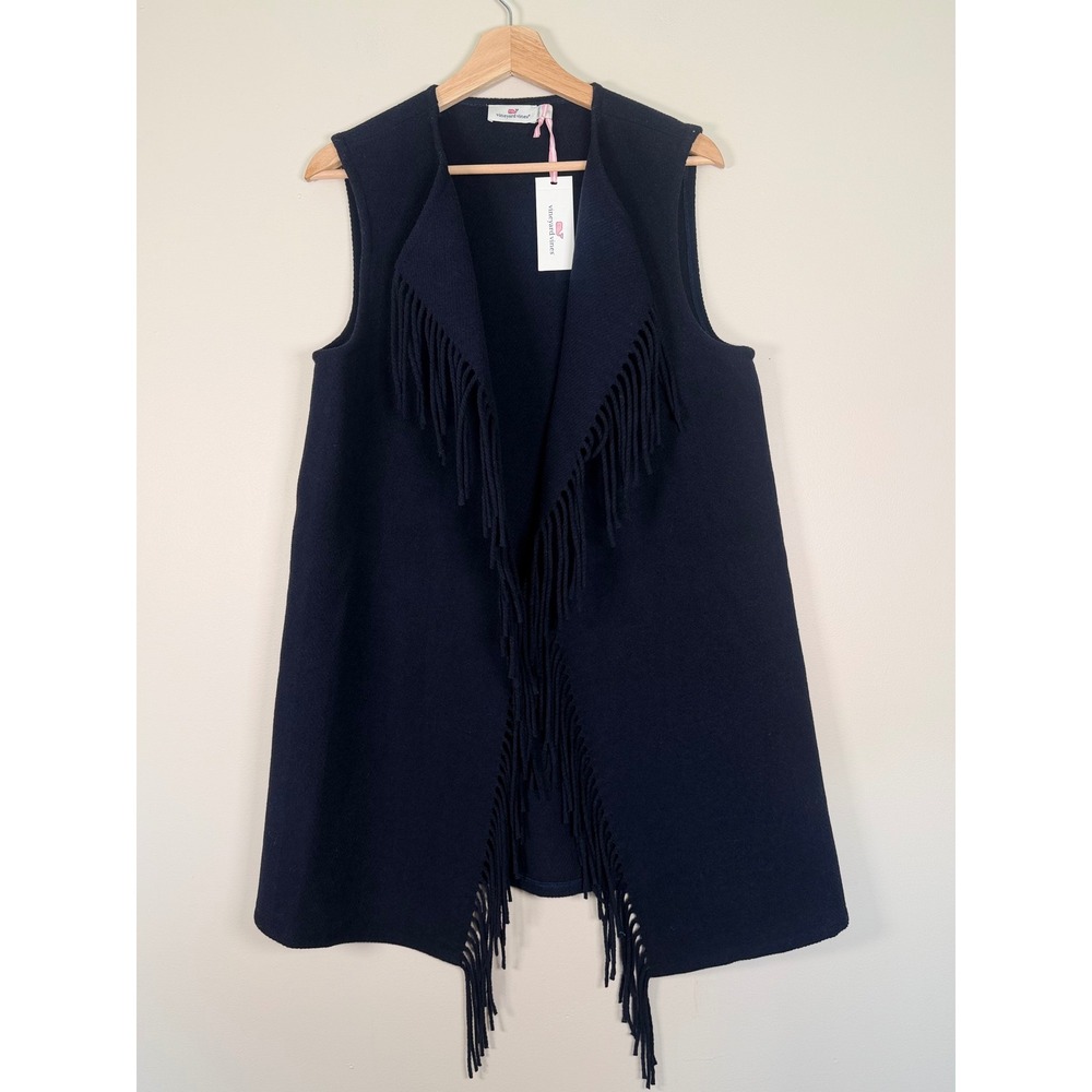 Vineyard Vines Navy Wool Blend Fringe Open Front Vest NWT Medium Coastal Cowgirl - Picture 2 of 10